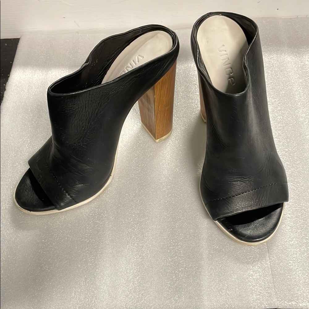 Vince Black and White Mules with Chunky Heel